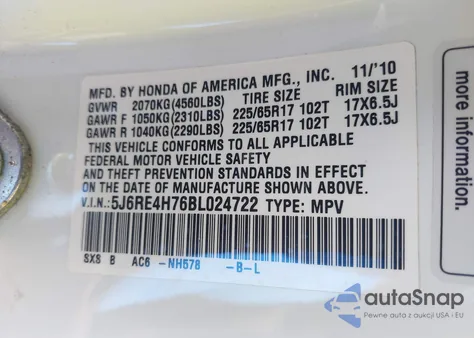 2011 Honda Cr-V Ex-L from USA, damaged, VIN 5J6RE4H76BL024722